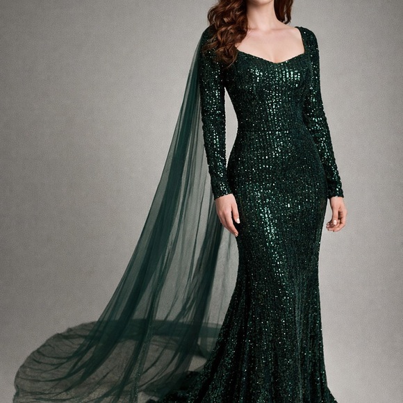 Emerald Green Sequin Gown Medium Stretch Formal Dress w/ Train - Picture 5 of 13